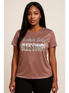 Julia Graphic Tee Women's 1X Plus Dusty Rose Metallic Shimmer Printed Y2K Glam